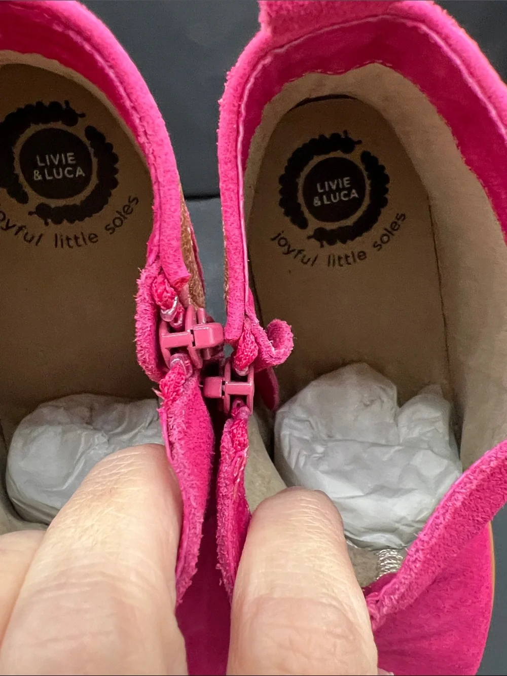 Livie & Luca Bright Fuchsia Suede Ankle Boots with Tan Heel